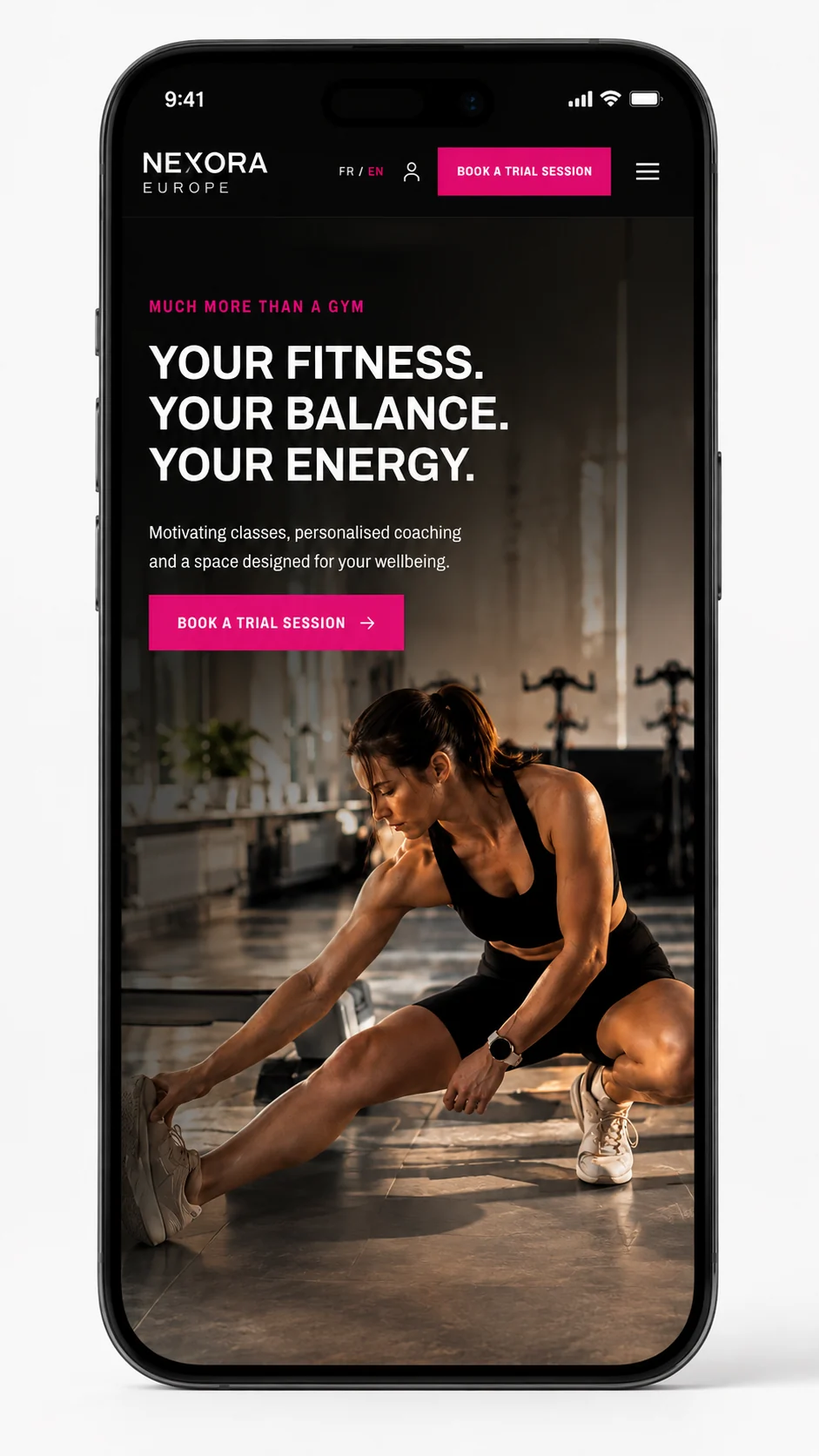 Nexora mobile homepage with trial-session booking call to action