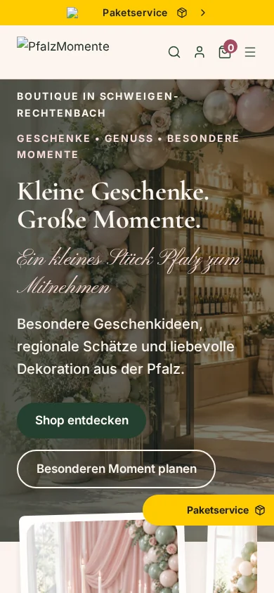 PfalzMomente mobile homepage with shop discovery call to action