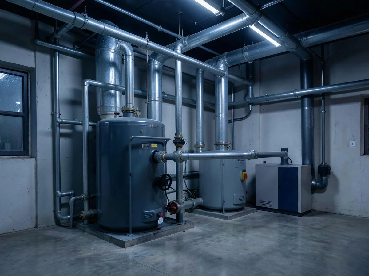 Commercial plant room with boilers and industrial pipework