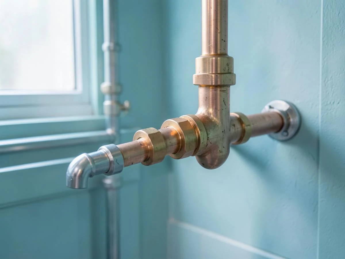 Domestic plumbing installation showing new copper pipework