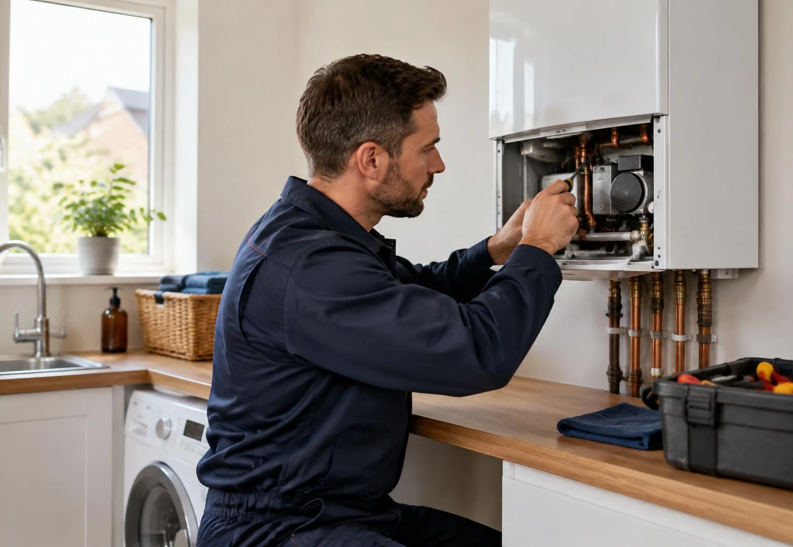 Engineer servicing a modern combi boiler in a domestic kitchen