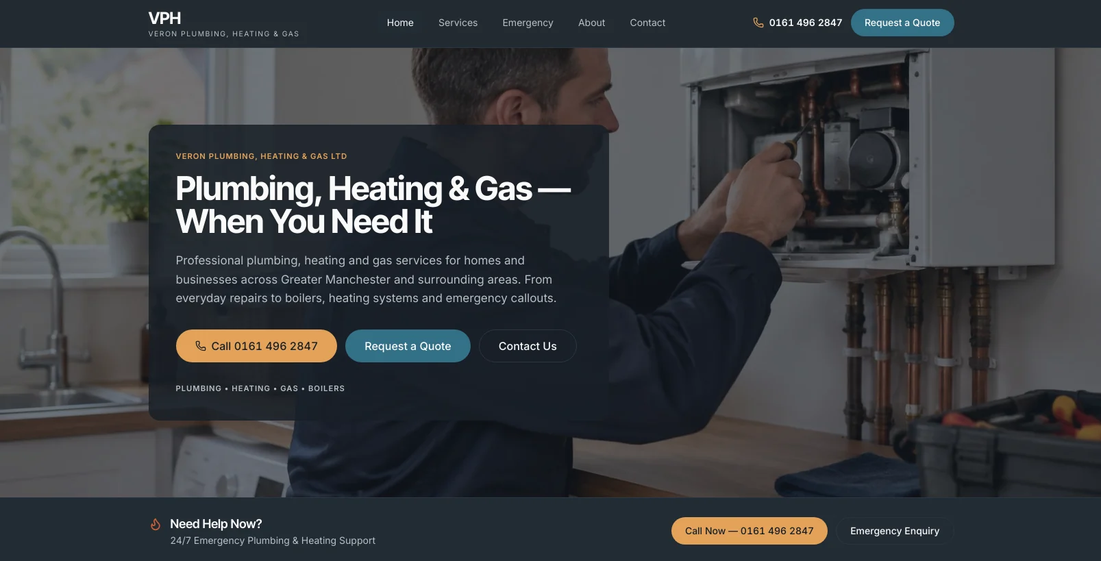 Veron Plumbing, Heating & Gas homepage with hero headline, call, quote and contact actions and a 24/7 emergency support bar