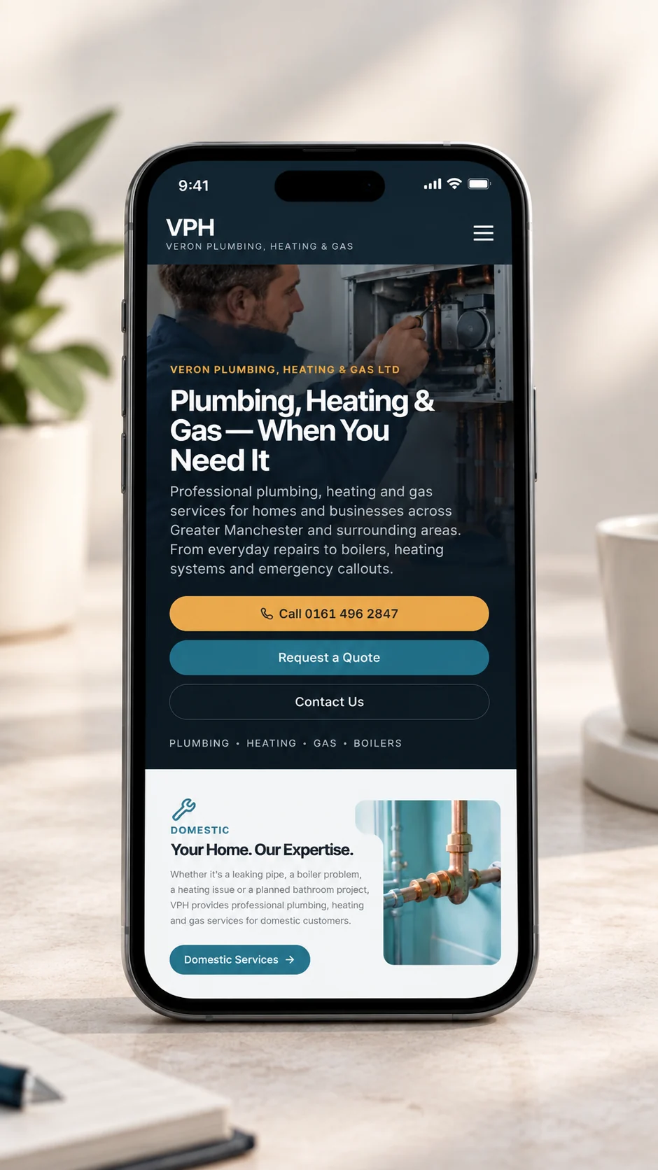 Veron Plumbing website on mobile showing the hero call-to-action buttons and domestic services section